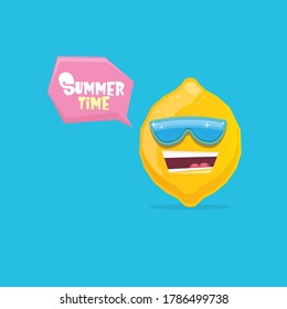 vector funny cartoon lemon character with sunglasses isolated on blue background. funky smiling summer fruit character 