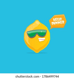 vector funny cartoon lemon character with sunglasses isolated on blue background. funky smiling summer fruit character 