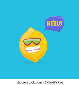 vector funny cartoon lemon character with sunglasses isolated on blue background. funky smiling summer fruit character 