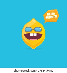 vector funny cartoon lemon character with sunglasses isolated on blue background. funky smiling summer fruit character 