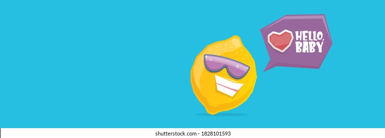 vector funny cartoon lemon character with sunglasses isolated on blue horizontal banner background. funky smiling summer fruit character 