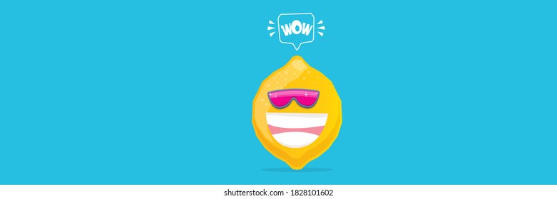 vector funny cartoon lemon character with sunglasses isolated on blue horizontal banner background. funky smiling summer fruit character 