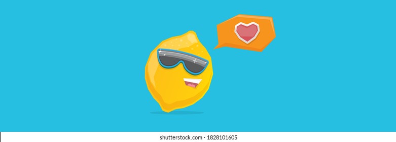vector funny cartoon lemon character with sunglasses isolated on blue horizontal banner background. funky smiling summer fruit character 