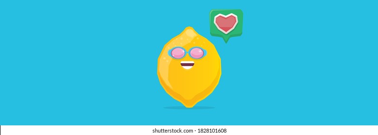 vector funny cartoon lemon character with sunglasses isolated on blue horizontal banner background. funky smiling summer fruit character 