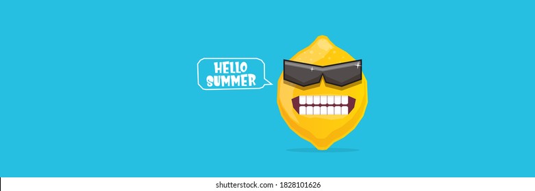 vector funny cartoon lemon character with sunglasses isolated on blue horizontal banner background. funky smiling summer fruit character 