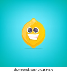 vector funny cartoon lemon character isolated on turquoise background. funky smiling summer yellow lemon citrus fruit character 
