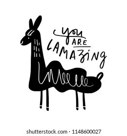 Vector funny cartoon llama. Scandinavian style monochrome art. Nursery print, poster, card, t-shirt and other.