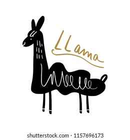 Vector funny cartoon llama. Scandinavian style monochrome art. Nursery print, poster, card, t-shirt and other.