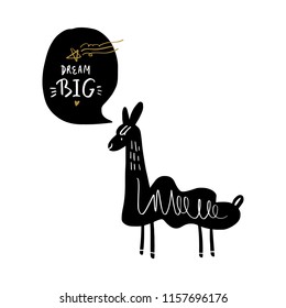 Vector funny cartoon llama. Scandinavian style. Nursery print, poster, card, t-shirt and other.