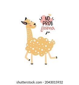 Vector funny cartoon llama in trendy style. Scandinavian style. Yellow cute Llama and hand drawn elements. No probLlama lettering. Childish texture, nursery print, motivation card