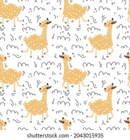 Vector funny cartoon llama in trendy style. Scandinavian style. Seamless pattern with llama and hand drawn elements. Childish texture, nursery print.