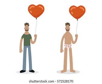 Vector funny cartoon man characters with heart balloon, Valentin's day present cart. Positive picture.  