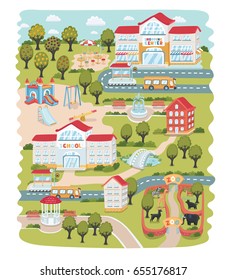 Vector funny cartoon map of part of small town and. Cute summer landscape. School, Sopping center, Zoo, Living house, roads, bus station, garden, fountain, trees etc.