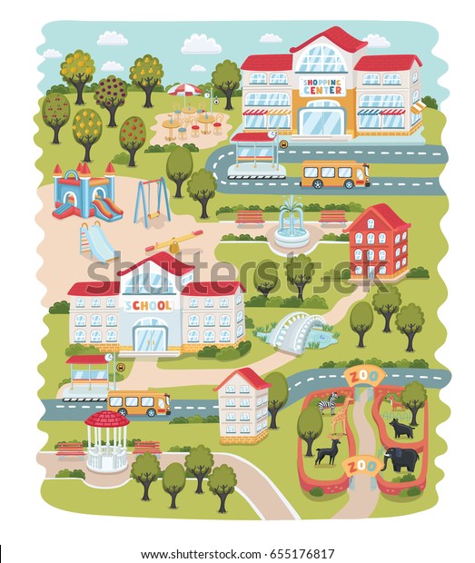 小さな町の一部とのベクター ユーモアの漫画の地図 かわいい夏の風景 学校 ソッピングセンター 動物園 リビングハウス 道路 バスステーション 庭 噴水 樹木など のベクター画像素材 ロイヤリティフリー