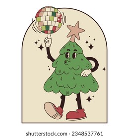 Vector funny cartoon mascot Christmas tree spins the disco ball on his finger in vintage frame