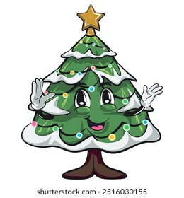 Vector funny cartoon mascot Christmas tree greeting and waving, work of hand drawn