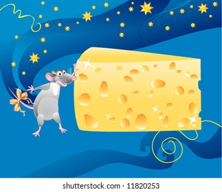 Vector. Funny cartoon mouse and cheese