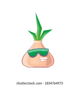 personaje vectorial divertido de cebolla de dibujos animados con gafas de sol aisladas en fondo blanco. funky sonriente personaje vegetal otoñal 