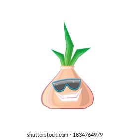 vector funny cartoon onion character with sunglasses isolated on white background. funky smiling autumn vegetable character 