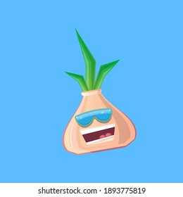 vector funny cartoon onion character with sunglasses isolated on blue background. funky smiling autumn vegetable character 