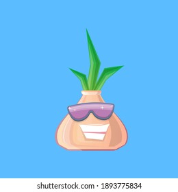 vector funny cartoon onion character with sunglasses isolated on blue background. funky smiling autumn vegetable character 