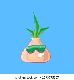 vector funny cartoon onion character with sunglasses isolated on blue background. funky smiling autumn vegetable character 