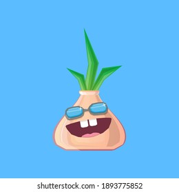 vector funny cartoon onion character with sunglasses isolated on blue background. funky smiling autumn vegetable character 