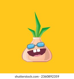 vector funny cartoon onion character with sunglasses isolated on orange background. funky smiling autumn vegetable character