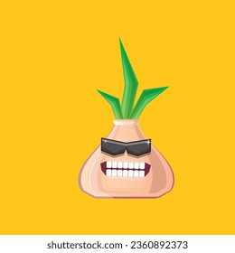 vector funny cartoon onion character with sunglasses isolated on orange background. funky smiling autumn vegetable character