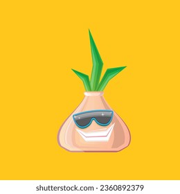 vector funny cartoon onion character with sunglasses isolated on orange background. funky smiling autumn vegetable character