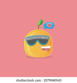 vector funny cartoon peach character with sunglasses isolated on pink background. funky smiling cool summer fruit character