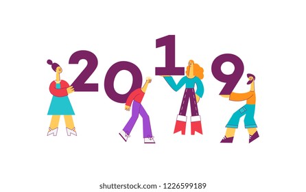Vector funny cartoon people with 2019 new year numbers. Male, female character with smile in casual clothing holding in hands, pulling, carry huge numbers. Greeting card, corporate party design