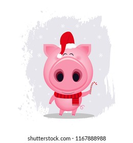 Vector funny cartoon pig. Cute animal illustration. Cartoon character. Christmas illustration