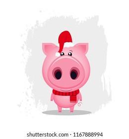 Vector funny cartoon pig. Cute animal illustration. Cartoon character. Christmas illustration