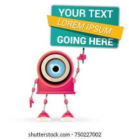 vector funny cartoon pink friendly robot character holding sign Isolated on white background. Kids 3d robot toy logo design template