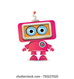 vector funny cartoon pink friendly robot character Isolated on white background. Kids 3d robot toy logo design template