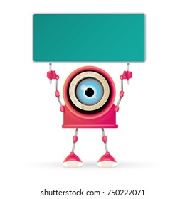 vector funny cartoon pink friendly robot character holding sign Isolated on white background. Kids 3d robot toy logo design template