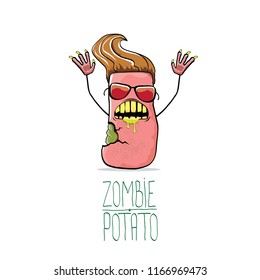 vector funny cartoon pink zombie hipster potato character with brown hair isolated on white background. My name is zombie potato vector concept halloween background. monster vegetable funky character