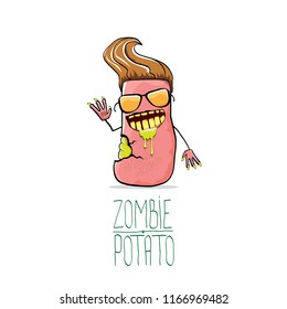 vector funny cartoon pink zombie hipster potato character with brown hair isolated on white background. My name is zombie potato vector concept halloween background. monster vegetable funky character