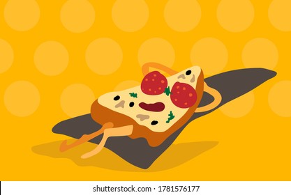 Vector funny cartoon pizza slice in sunglasses made of sausage circles sunbathing with his hands under his head on a yellow background