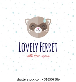 Vector funny cartoon polecat head logo. Flat ferret logotype.