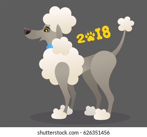 Vector funny cartoon poodle symbol of 2018 year of dog greeting card or illustration for calendar page 