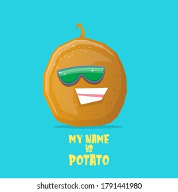 Vektorkomischer Cartoon-Potato-Charakter mit Sonnenbrille einzeln auf azurem Hintergrund. funky lächelnde sommerliche Gemüsekartoffelfigur