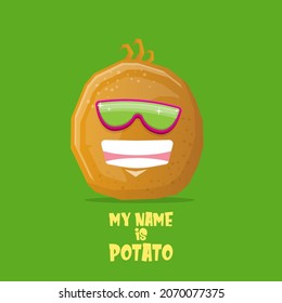 vector funny cartoon potato character with sunglasses isolated on green background. funky smiling summer vegetable potato character