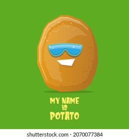personaje de caricatura vectorial divertido con gafas de sol aisladas en fondo verde. funky sonriente personaje de papa vegetal de verano