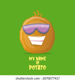 vector funny cartoon potato character with sunglasses isolated on green background. funky smiling summer vegetable potato character