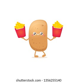 vector funny cartoon potato holding french fries box isolated on white background. vegetable funky character