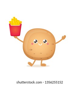 vector funny cartoon potato holding french fries box isolated on white background. vegetable funky character