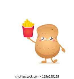 vector funny cartoon potato holding french fries box isolated on white background. vegetable funky character