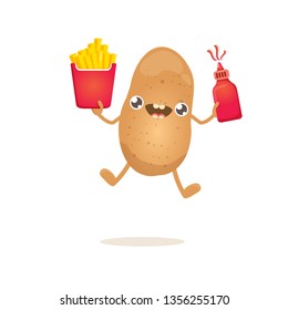 vector funny cartoon potato holding french fries box and ketchup bottle isolated on white background. vegetable funky character